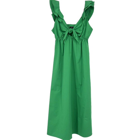 Drew Green Poplin Tie Front Midi Dress Empire Waist Sleeveless Ruffle Size M - Picture 1 of 10